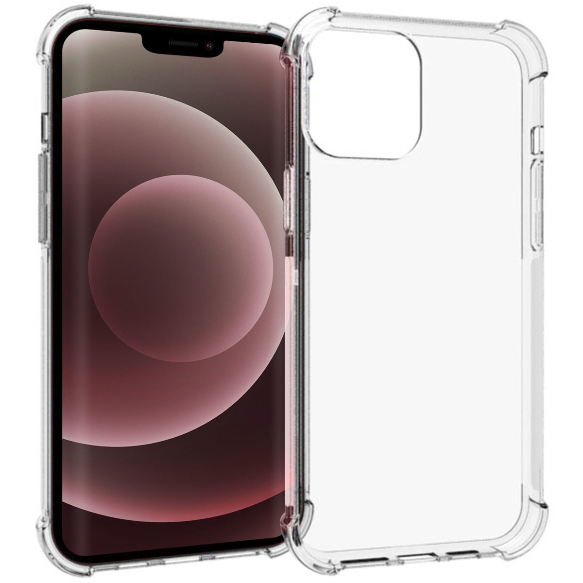 Téléphone dans un étui transparent. L'étui a des bords renforcés. Le téléphone est visible.