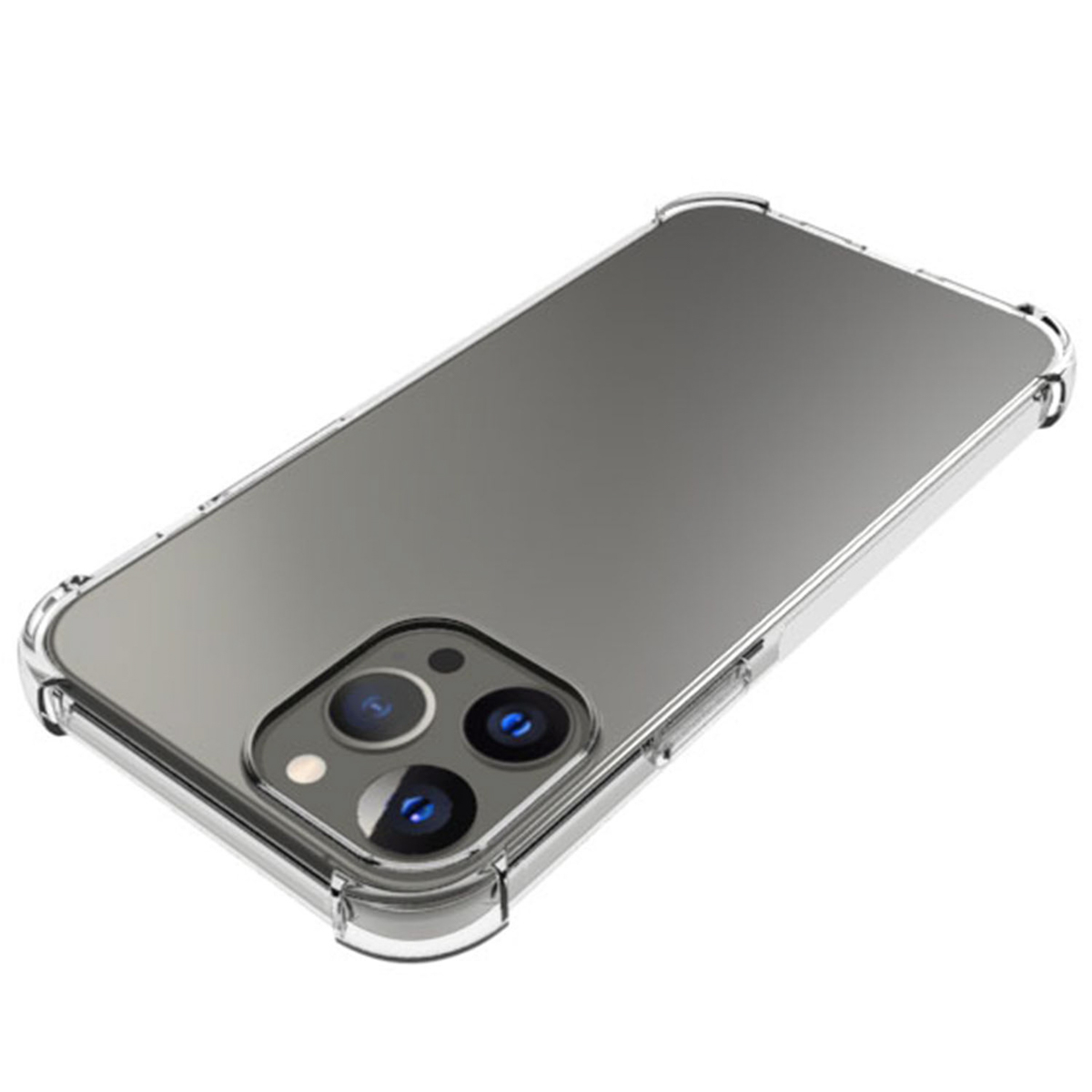 Coque de téléphone transparente sur fond blanc. La coque couvre l'arrière du téléphone.
