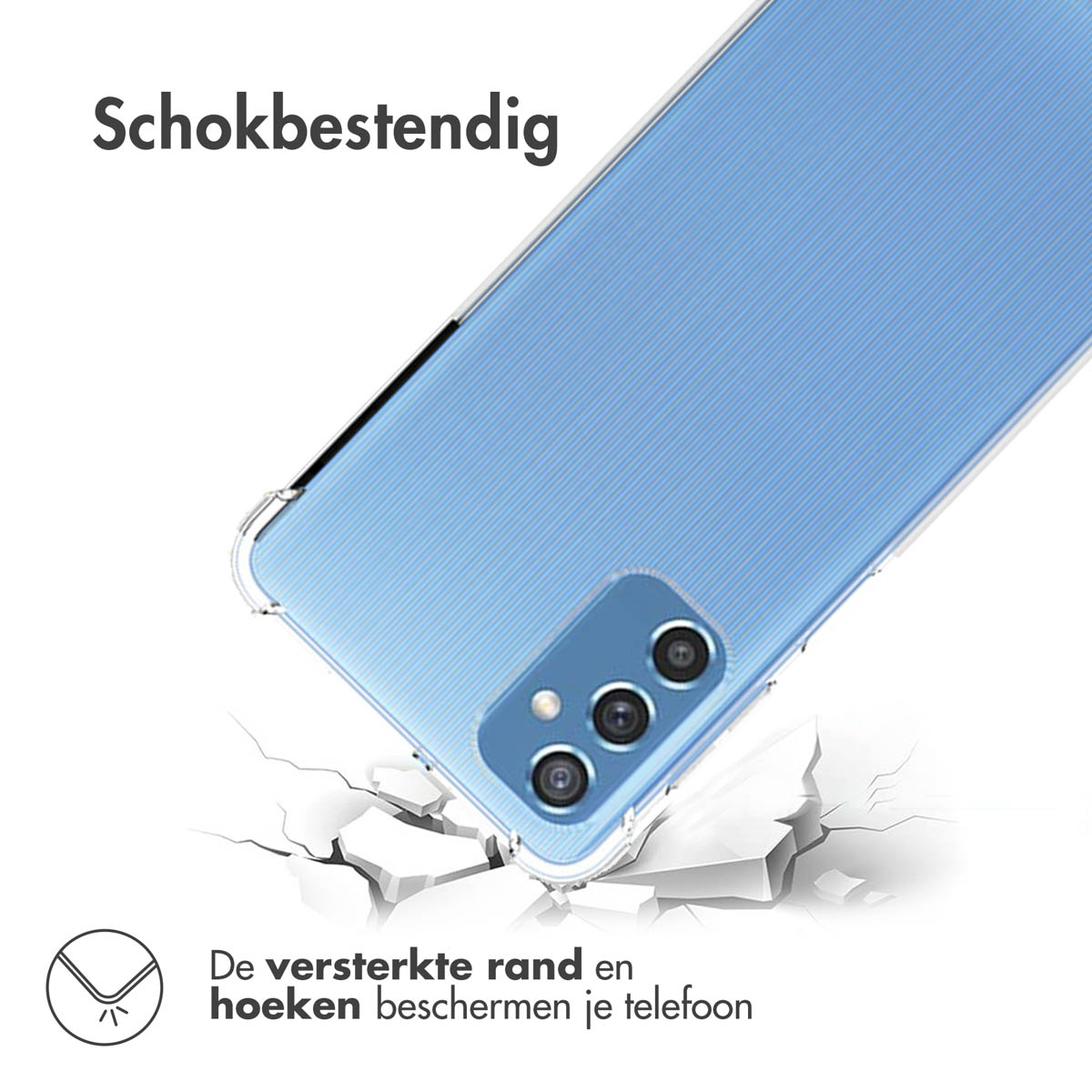 Blauwe telefoonhoes met een telefoon erin, met een scheur op de grond. Tekst erboven.