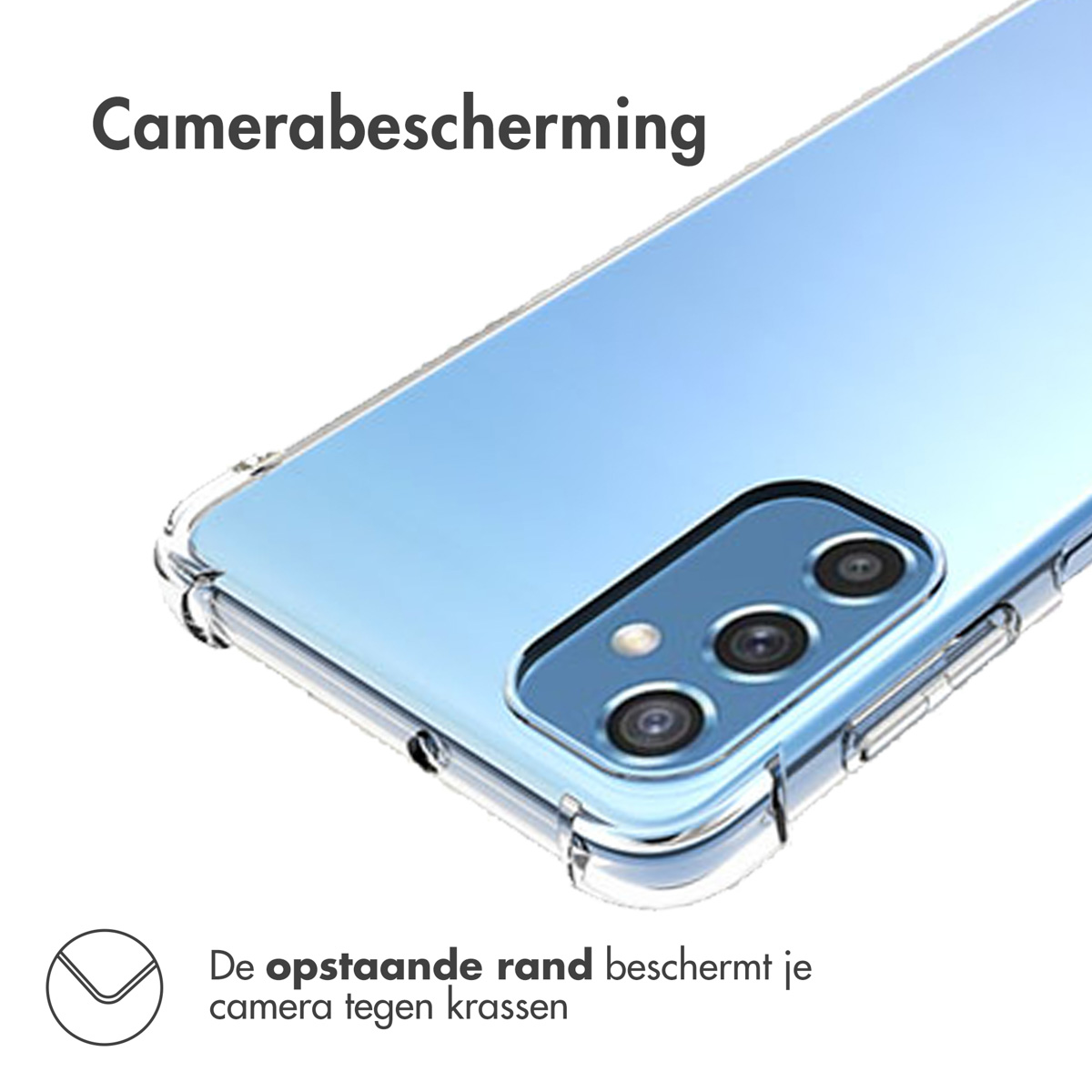 Een blauwe telefoon in een doorzichtige hoes. De hoes omringt de telefoon met opstaande randen.