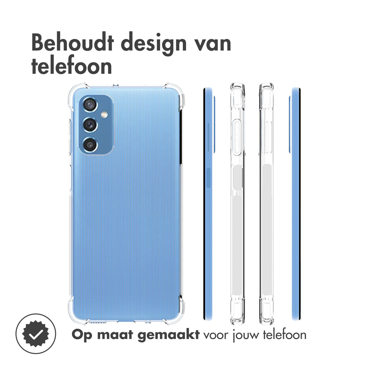 Blauwe telefoonhoes open, toont de telefoon. Zijaanzichten illustreren het ontwerp van de hoes.
