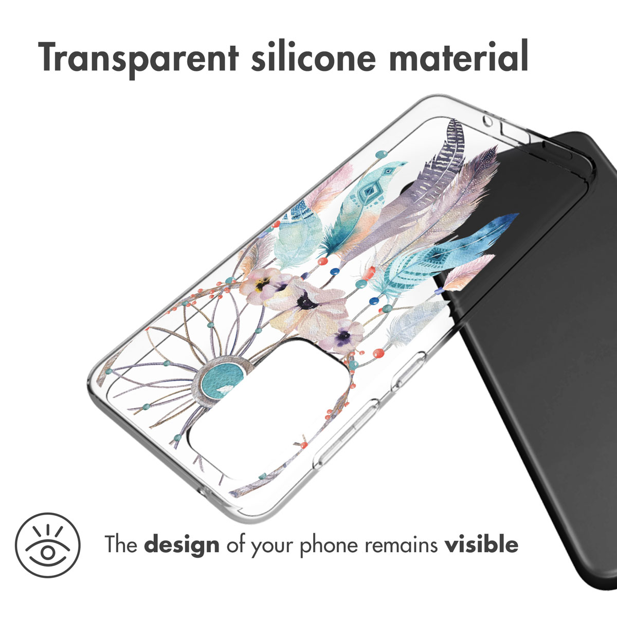 Coque transparente avec un motif attrape-rêves. Téléphone à l'intérieur. Plumes et fleurs visibles.