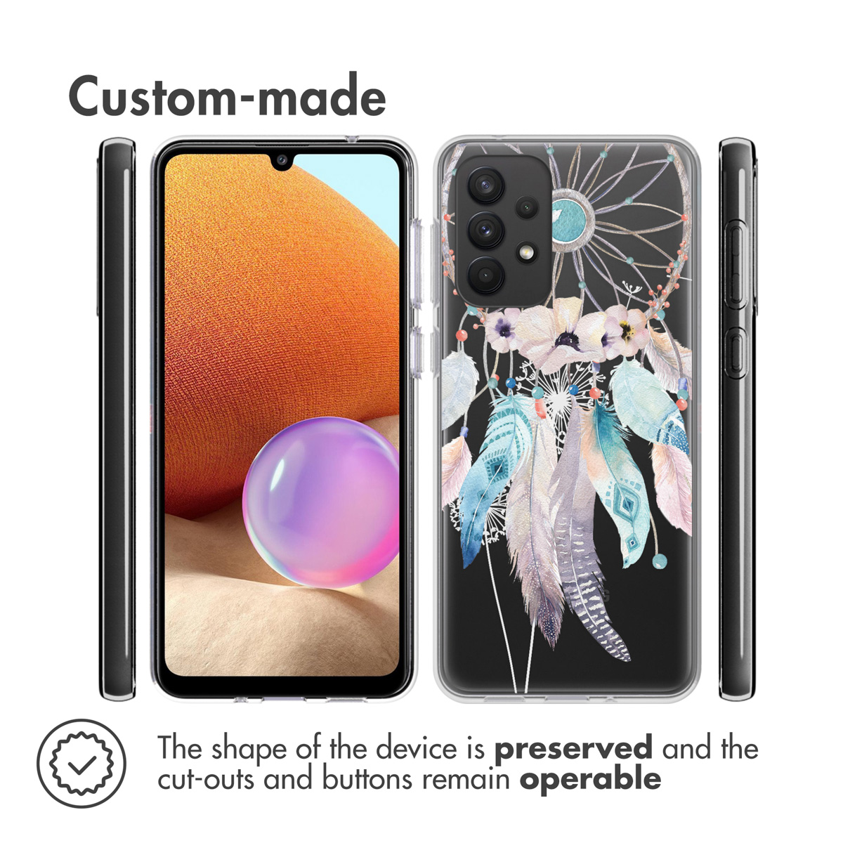 Coque de téléphone avec motif floral tenant un téléphone. Texte : 'Fabriqué sur mesure'.