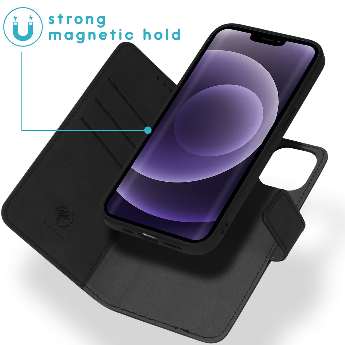 Zwarte telefoonportemonnee, telefoon erin, met sterke magnetische sluiting. Merk 'Imoshion'.