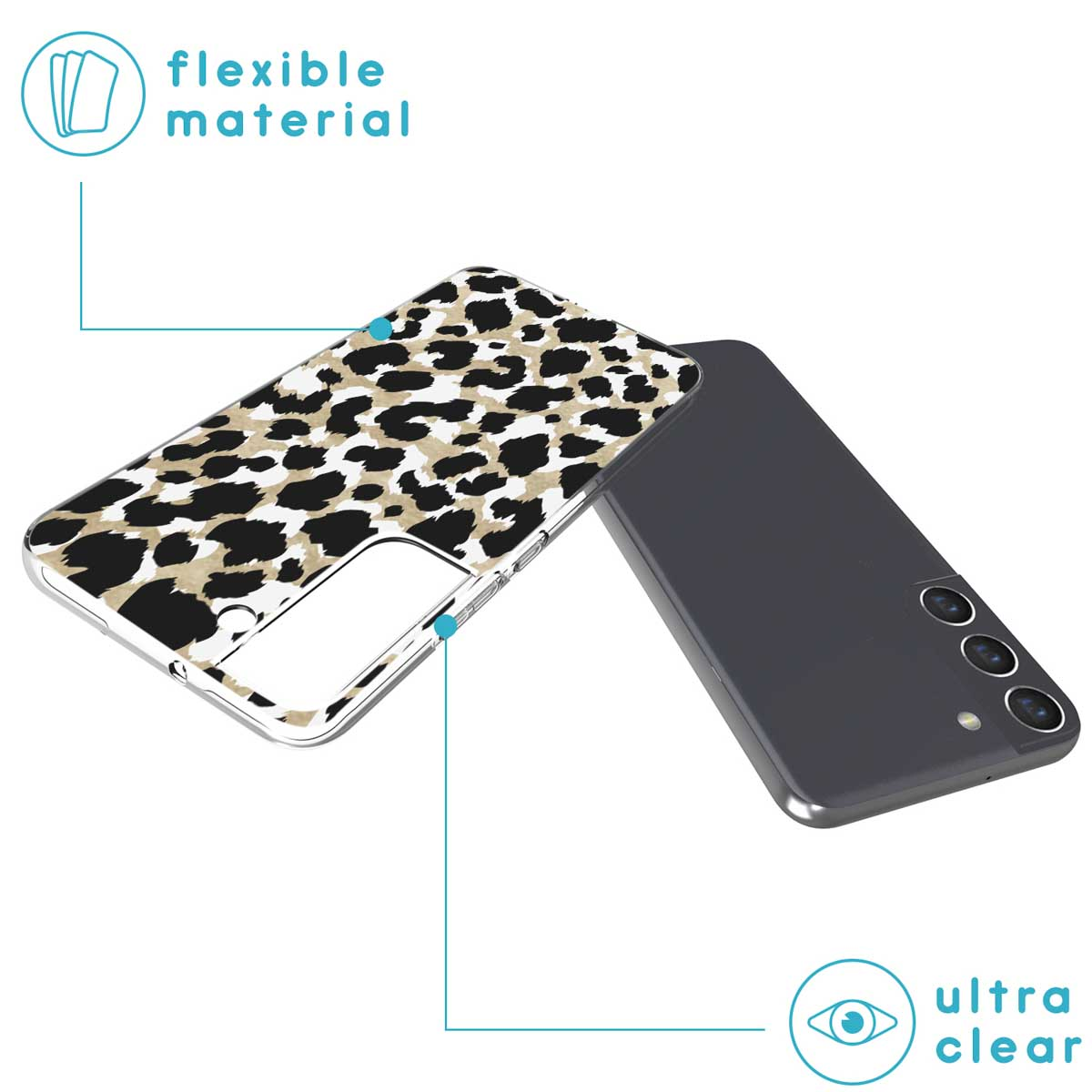 Phone case with a leopard print design. The phone is in the case, with an ultra clear view.