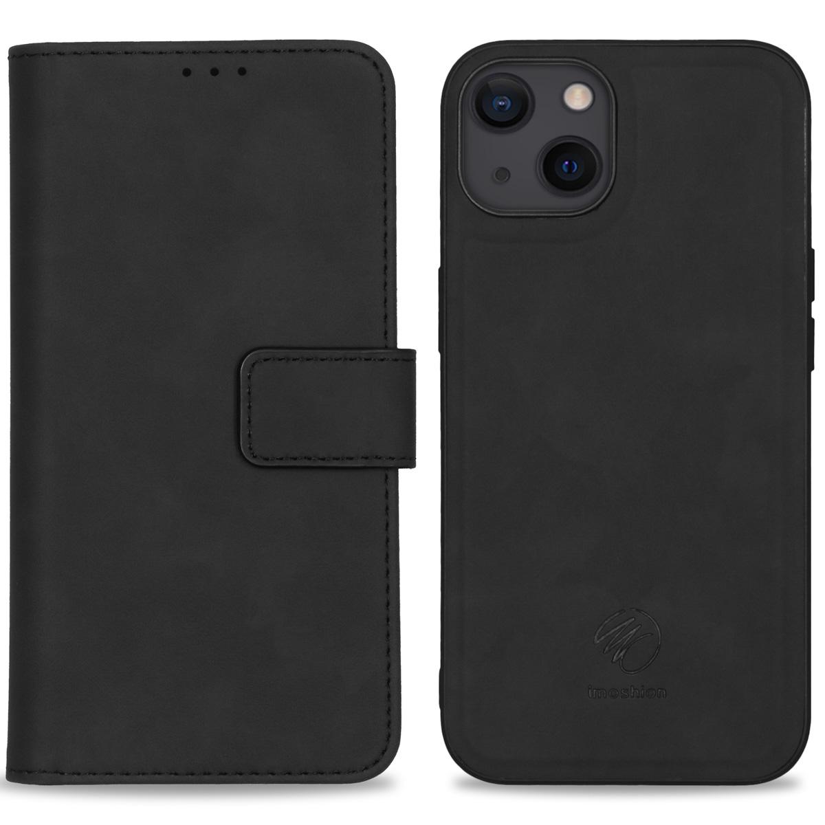 Zwarte telefoonhoes, gesloten en open, met camera-uitsparingen en een telefoon erin.