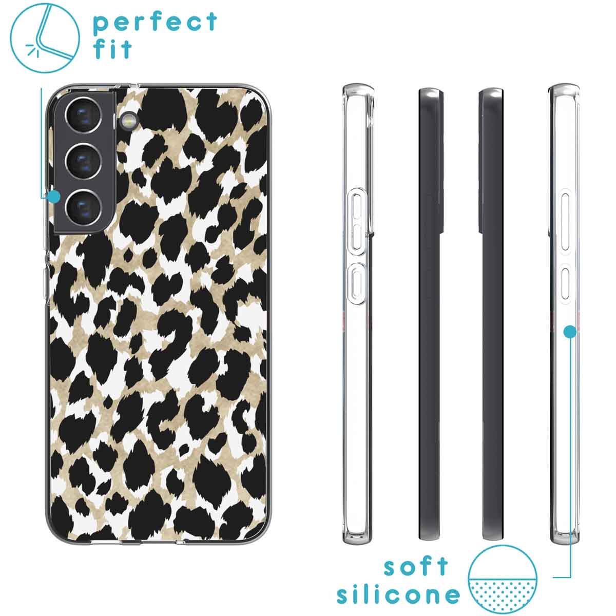 Phone case with leopard print, with multiple layers of cases. Text says: soft silicone.