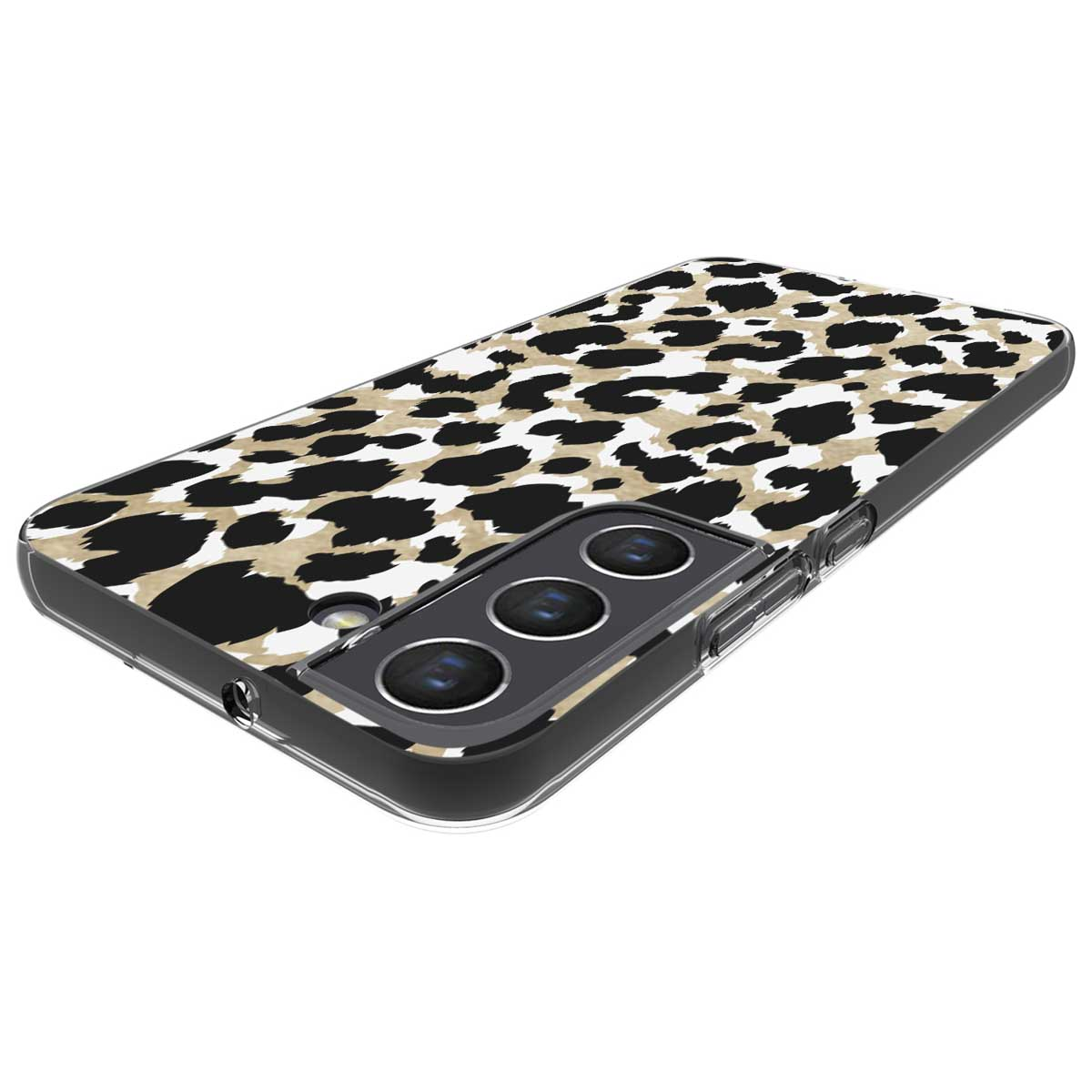 Phone case with a leopard print design. The phone is inside. The case has a clear frame.