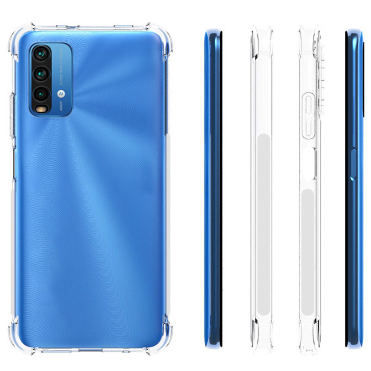 Blauwe telefoon met een doorzichtige hoes. De telefoon heeft een blauwe achterkant en de hoes is doorzichtig. Meerdere aanzichten.
