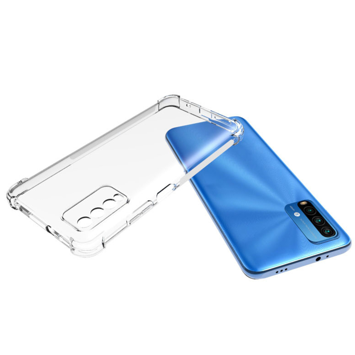 Transparante telefoonhoes over een blauwe telefoon. Toont camera en uitsparingen.