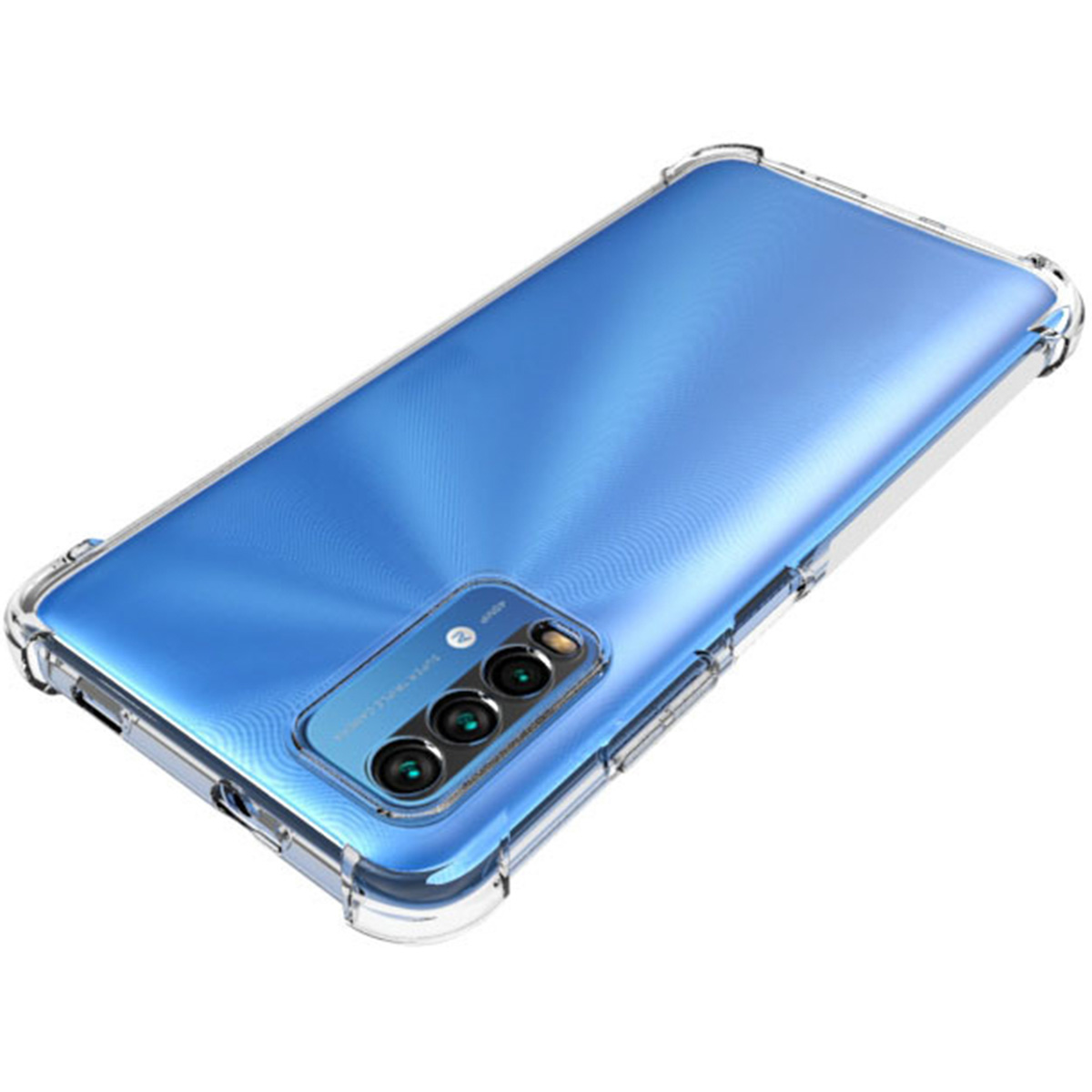 Een blauwe telefoon in een doorzichtige hoes. De hoes omringt de telefoon, met camera-uitsparingen.
