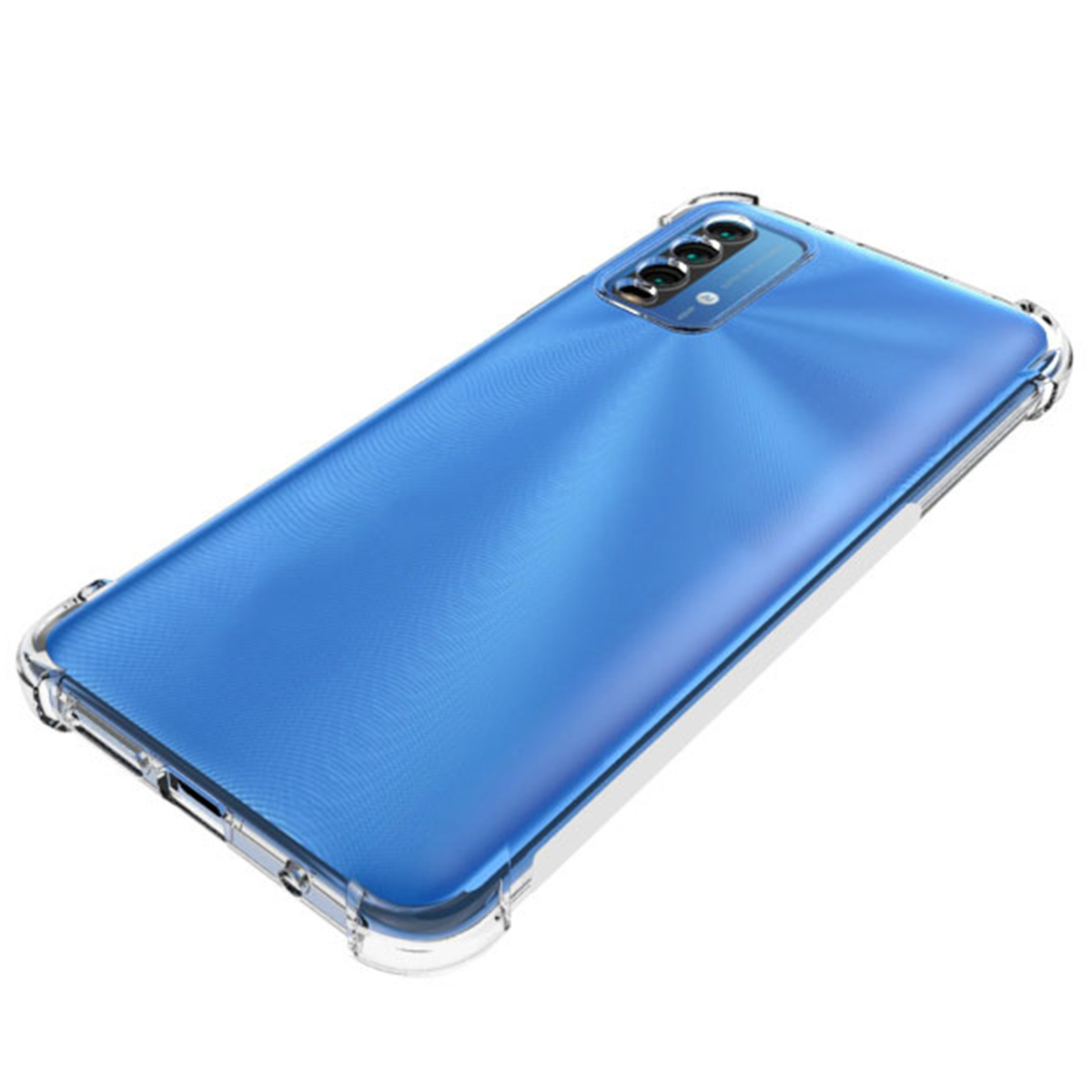 Blauwe telefoonhoes met een doorzichtige rand. Telefoon heeft meerdere camera's.