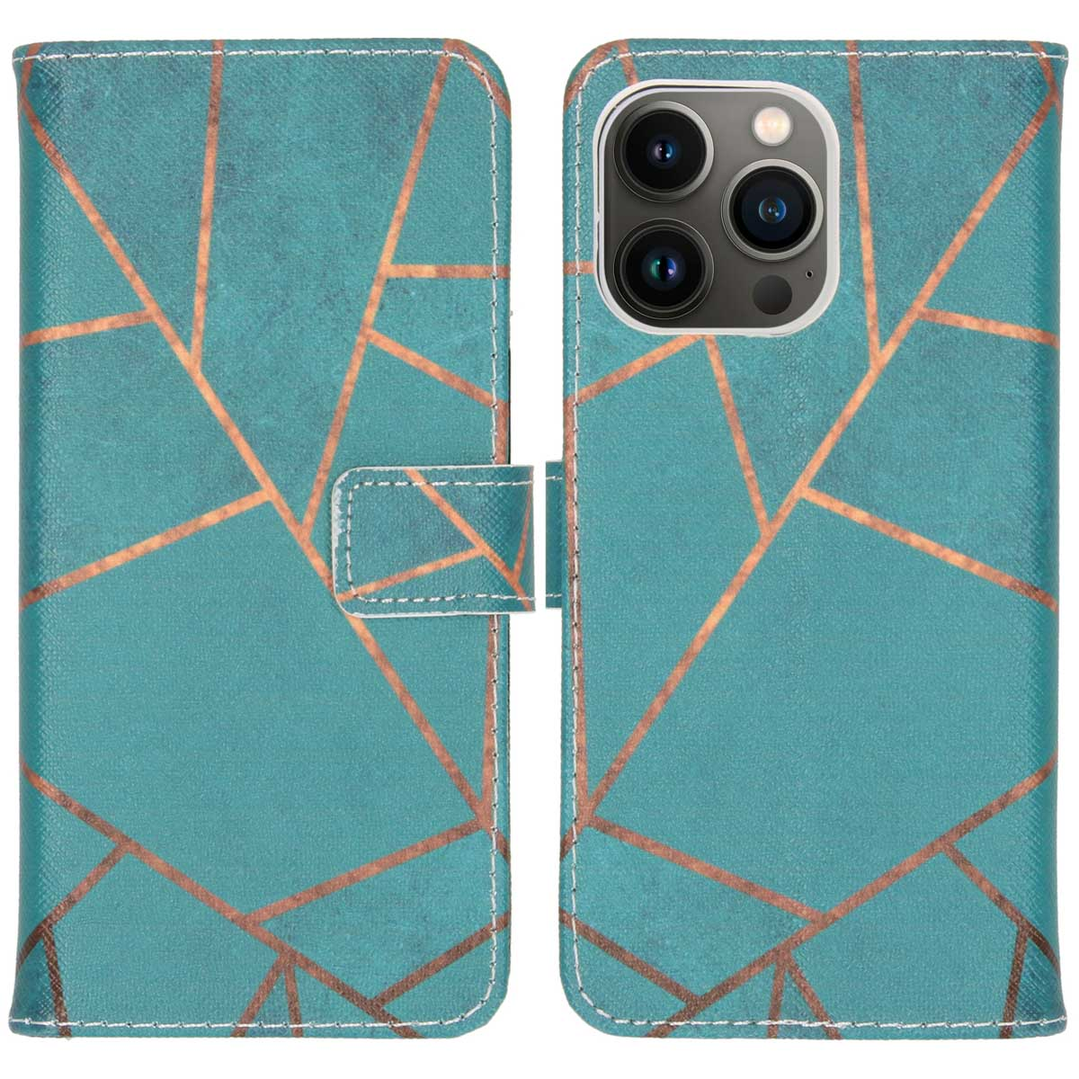 Blauwgroene telefoonhoes met gouden geometrisch patroon. De telefoon is open.