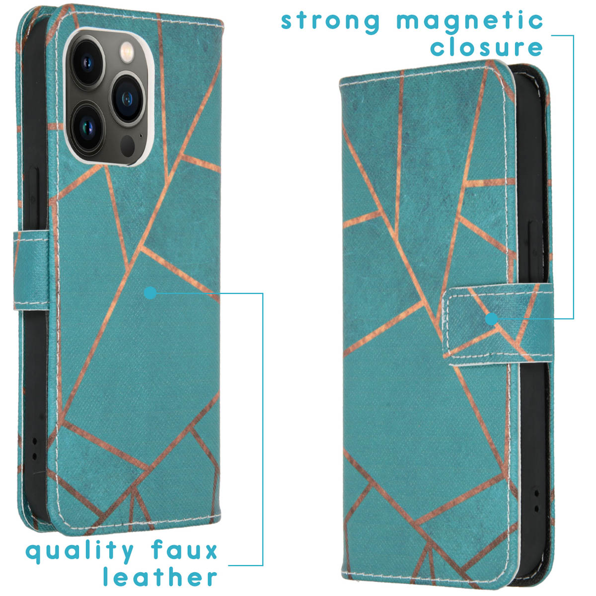 Teal telefoonhoes met gouden design. Sterke magnetische sluiting, kwaliteitskunstleer. Open en gesloten weergaven.