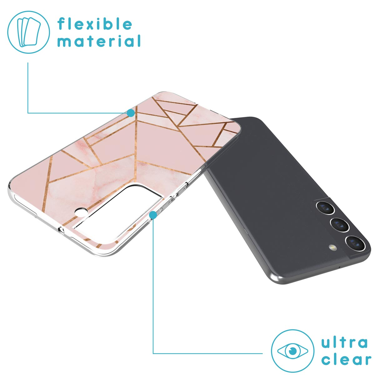 Phone case with pink marble design, back of phone showing. The case is ultra clear and flexible.