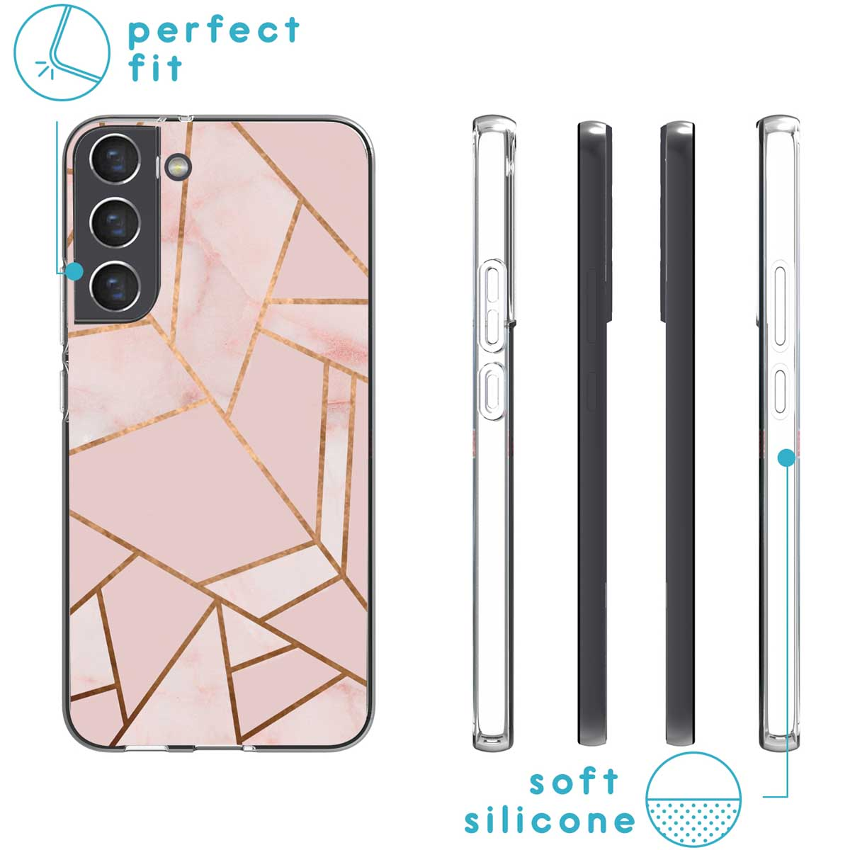 Pink phone case with gold geometric design, next to its side and transparent cases.