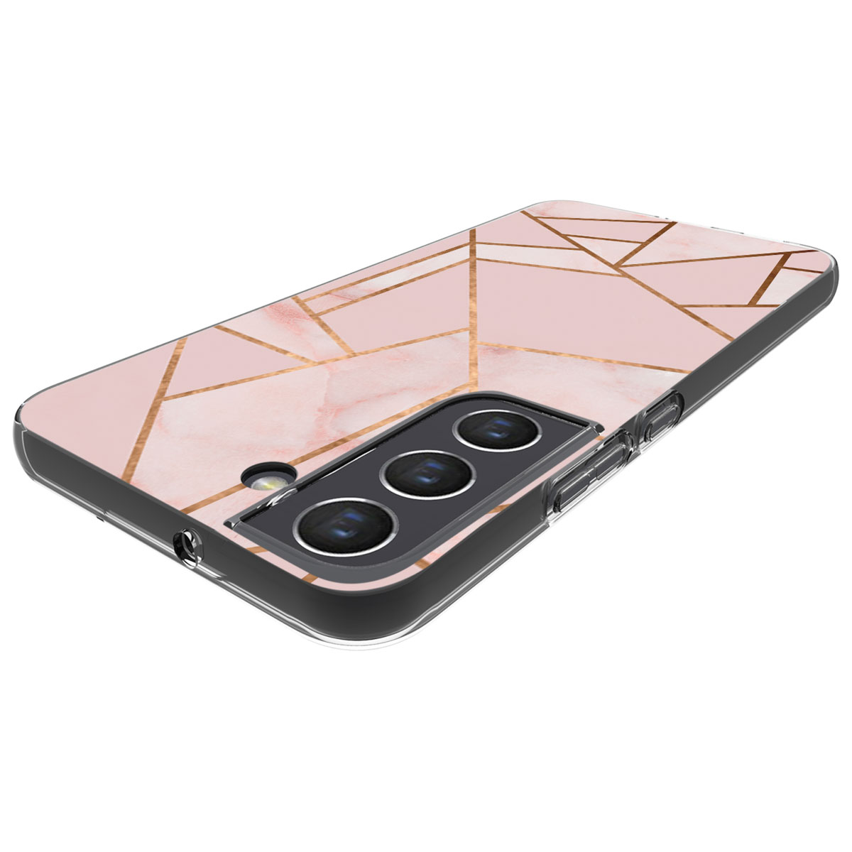 A smartphone case with a pink marble design and gold geometric lines. It has a clear frame and a camera module.