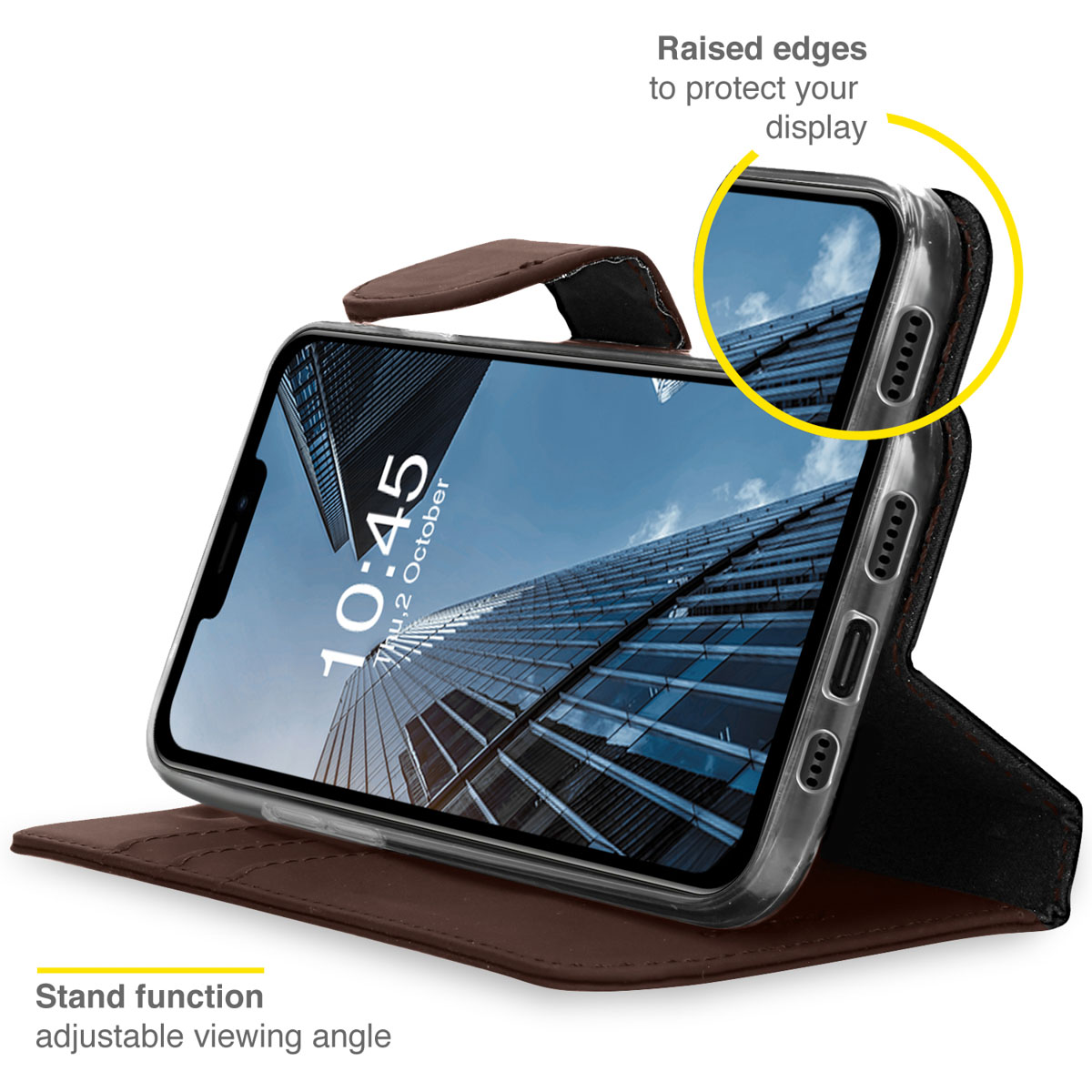 Bruine telefoonhoes met een telefoon erin. Verhoogde randen beschermen het scherm en heeft een standfunctie.