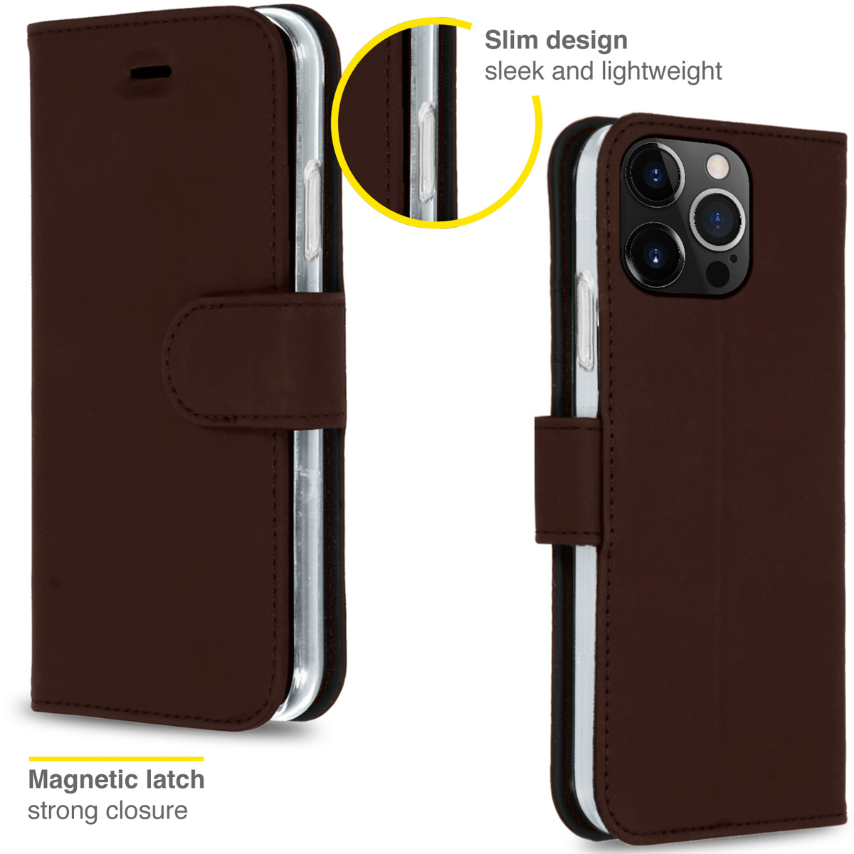 Bruine leren telefoonhoes met een magnetische sluiting. Slank design, strak en lichtgewicht. Telefoon zit erin.