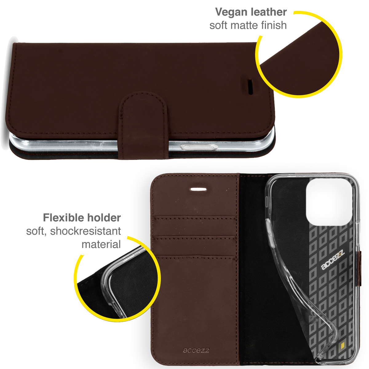 Bruine telefoonhoes. Veganistisch leer, zachte matte afwerking. De hoes is open. Flexibele houder, schokbestendig materiaal.