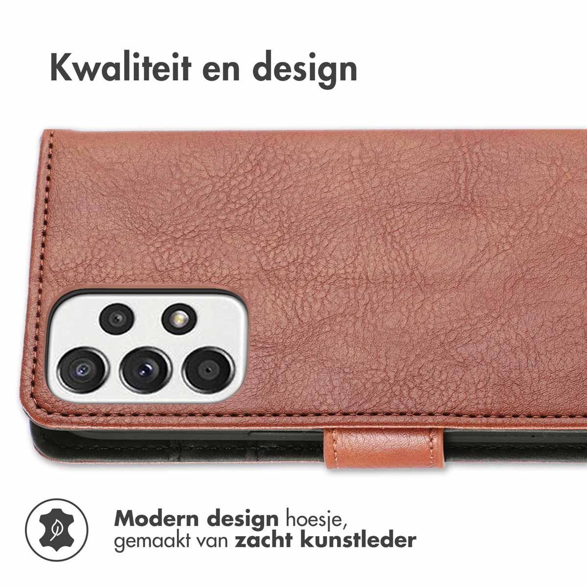 Braune Handyhülle mit sichtbarer Handykamera. Text sagt 'Modernes Design' und 'weiches Leder'.