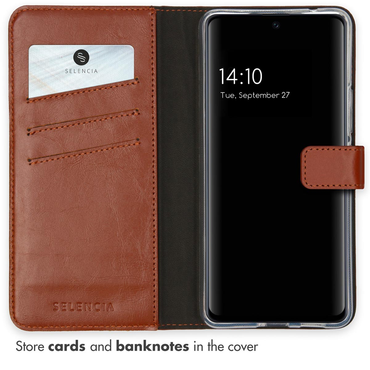 Bruine telefoonhoes met kaarten en bankbiljetten. Binnenin is een telefoon. Tekst zegt kaarten en bankbiljetten in de hoes te bewaren.