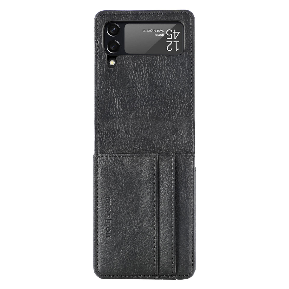 Coque de téléphone noire avec caméra visible et un petit écran affichant la date et l'heure.