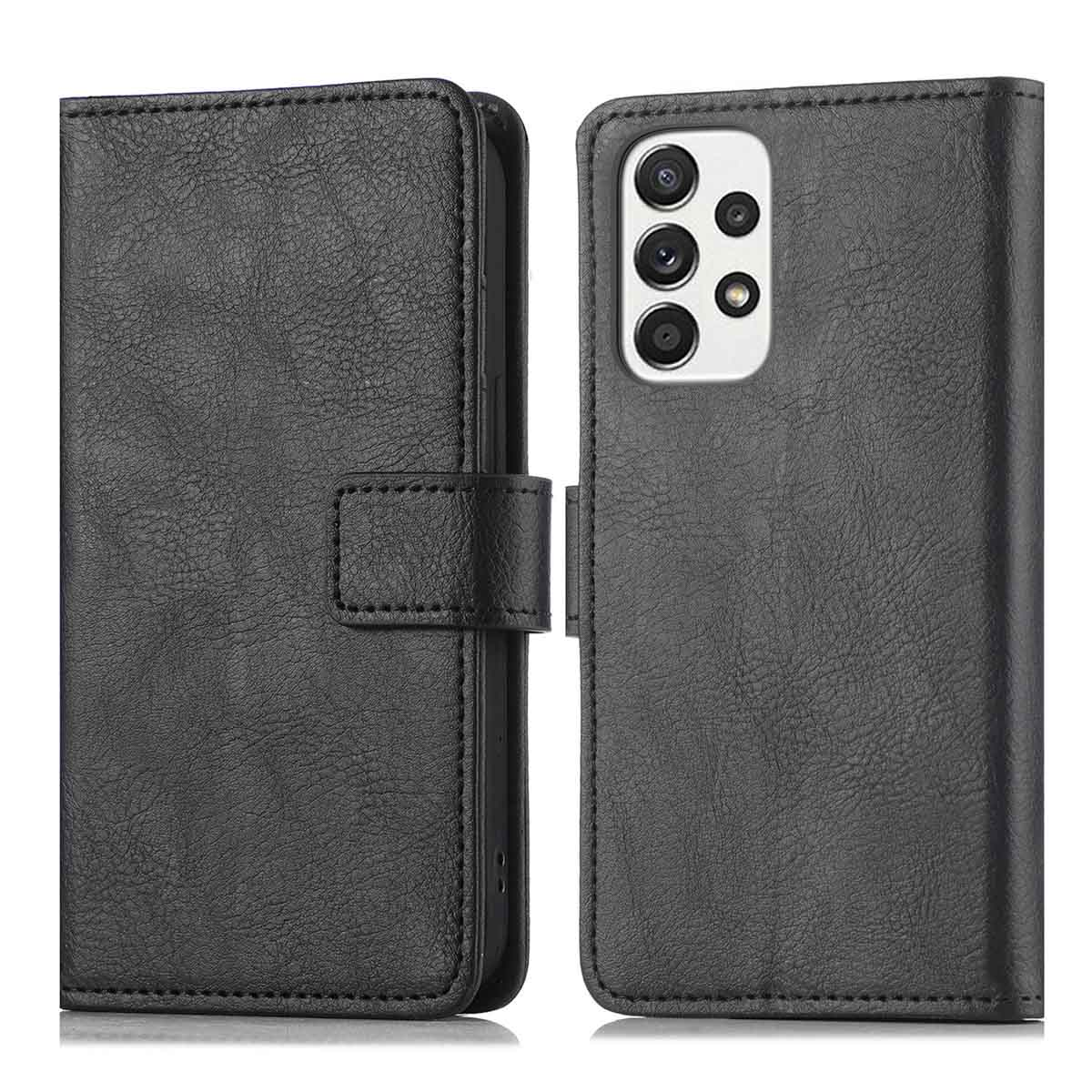 Schwarze Handyhülle, offen, um das Telefon und die Rückseite mit Kameraausschnitten zu zeigen. Design betont Schutz.