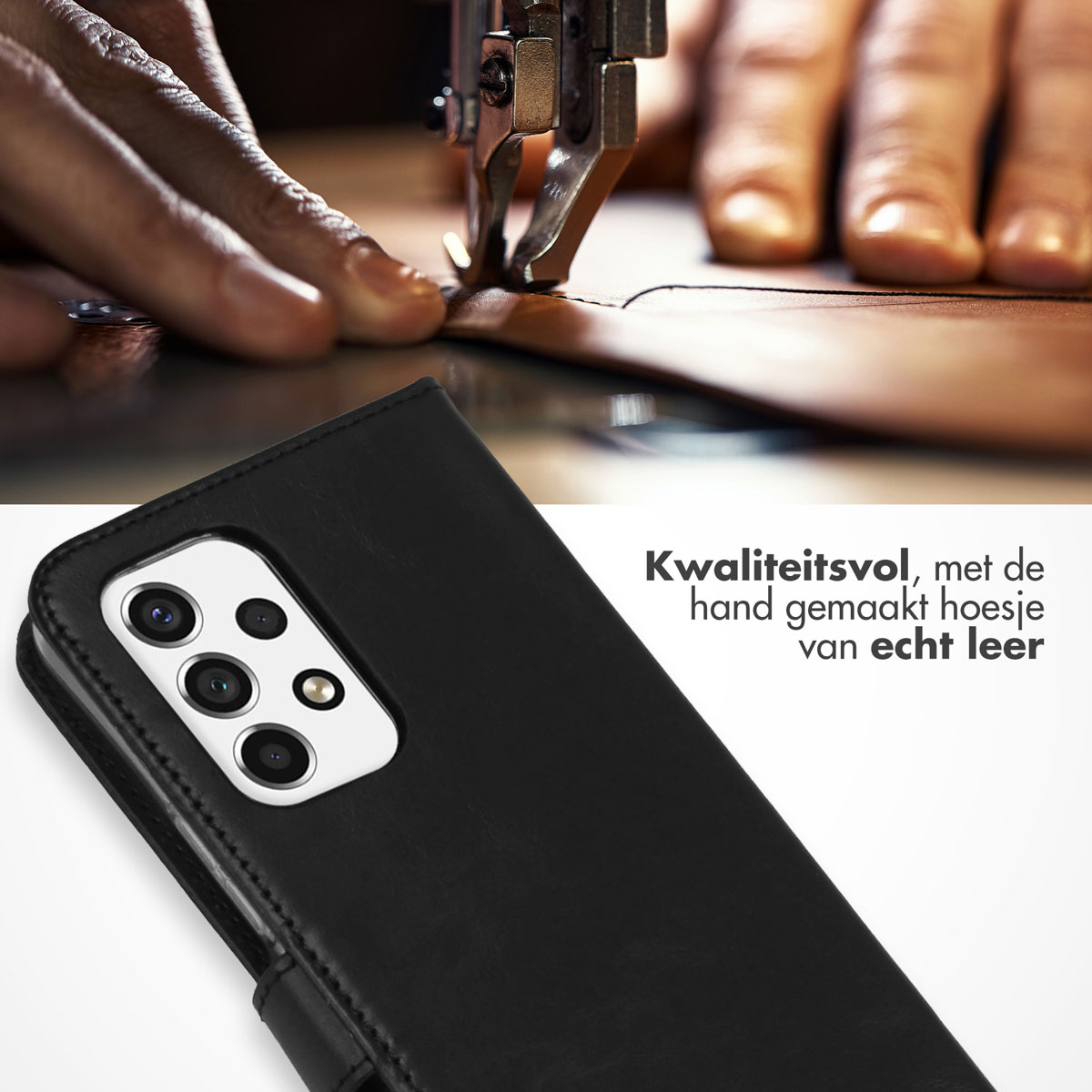 Black leather phone case. A phone and the case's features are shown.