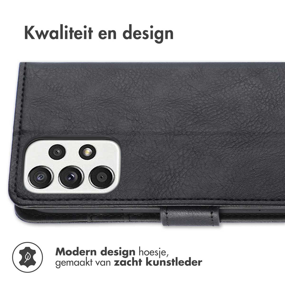 Schwarze Handyhülle mit einem Telefon darin. Text besagt modernes Design aus weichem Kunstleder. Kamera sichtbar.