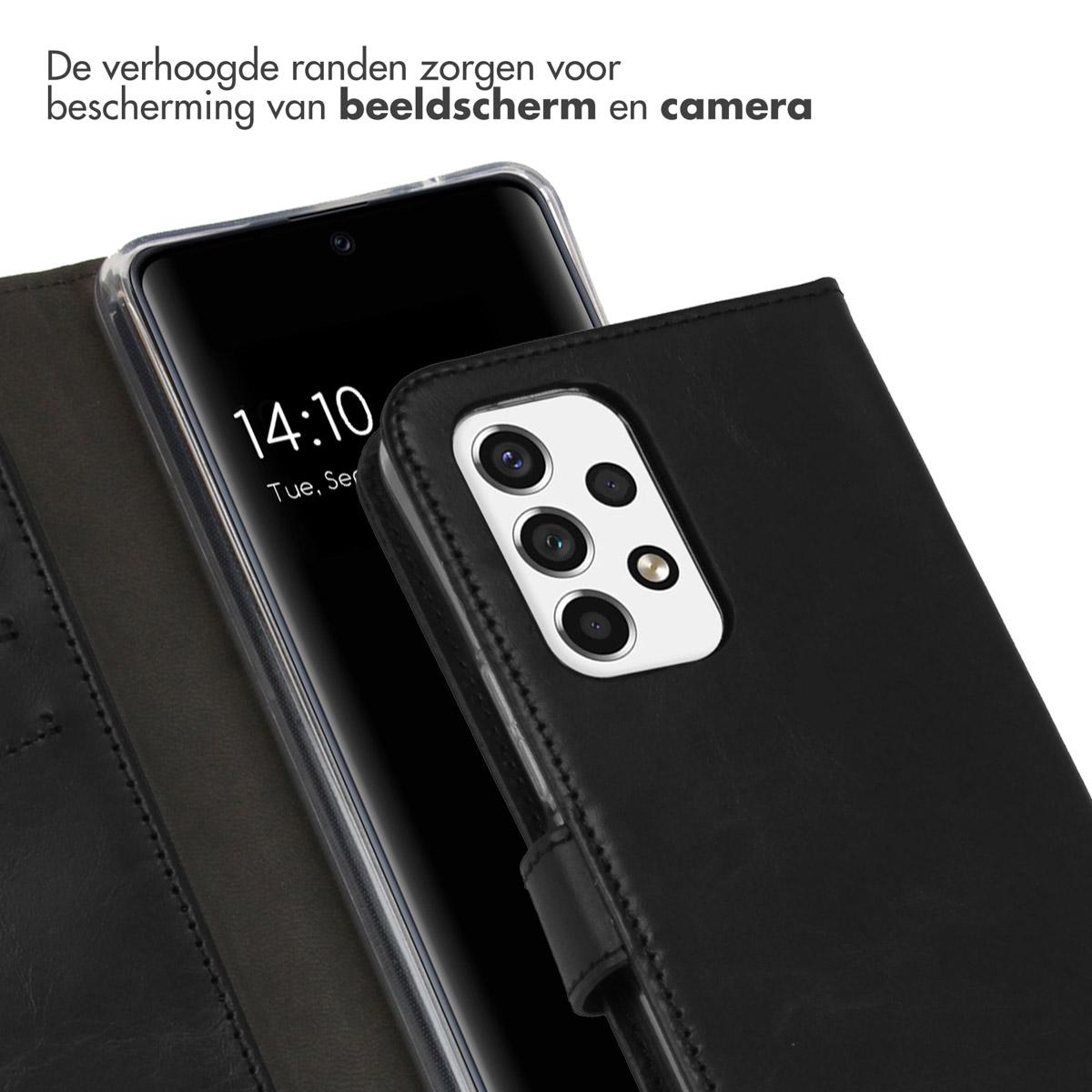 Zwarte telefoonhoes open, de telefoon toont een zwart scherm. De telefoonhoes staat op de achtergrond.