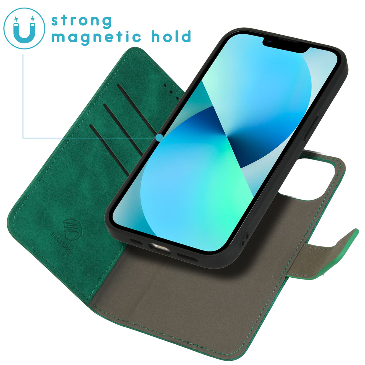 Groene telefoonhoes open, met telefoon erin. De telefoon is zwart en groen met een blauw scherm.