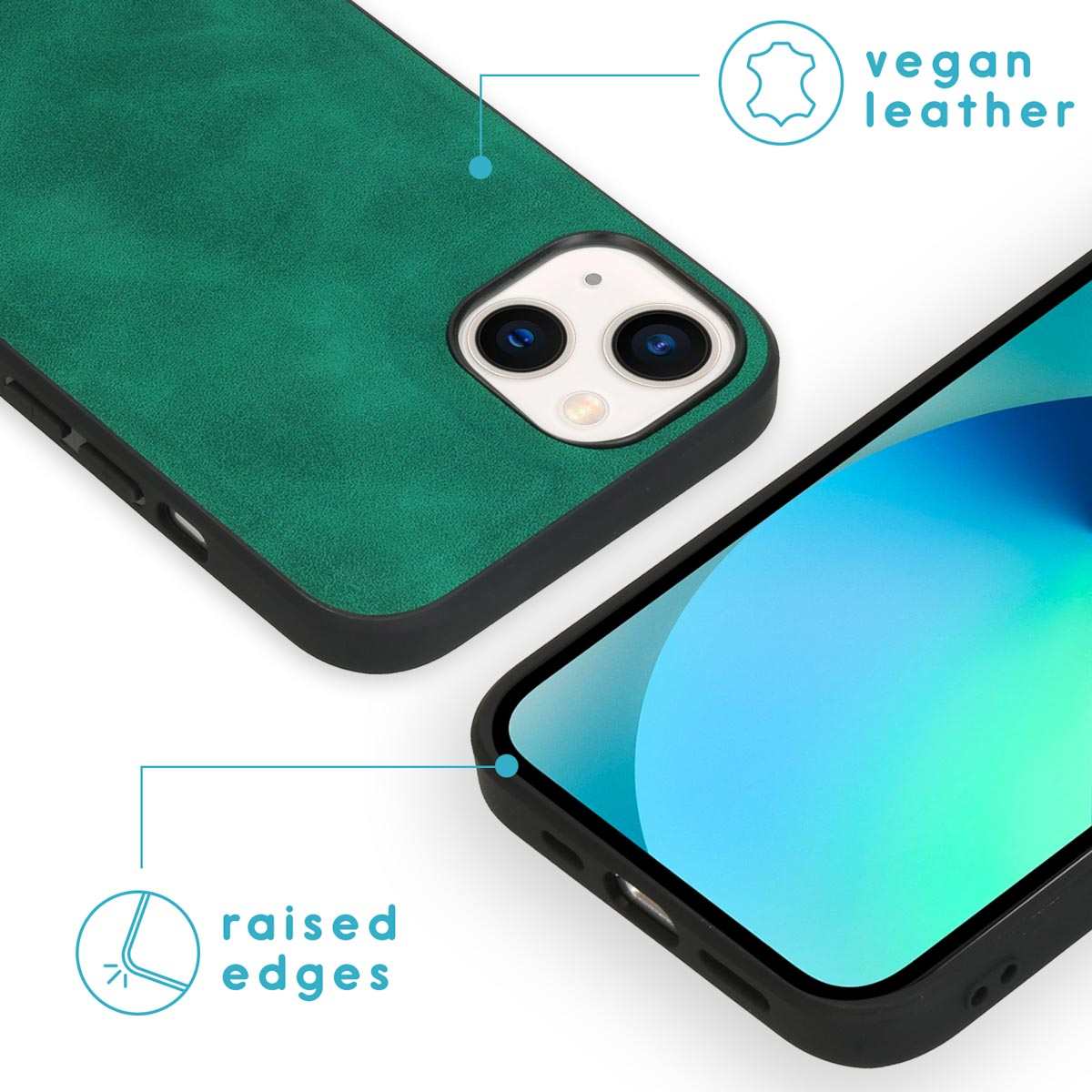 Groene vegan leren telefoonhoes, verhoogde randen, die de telefoon beschermen. De achterkant van de telefoon tonen.