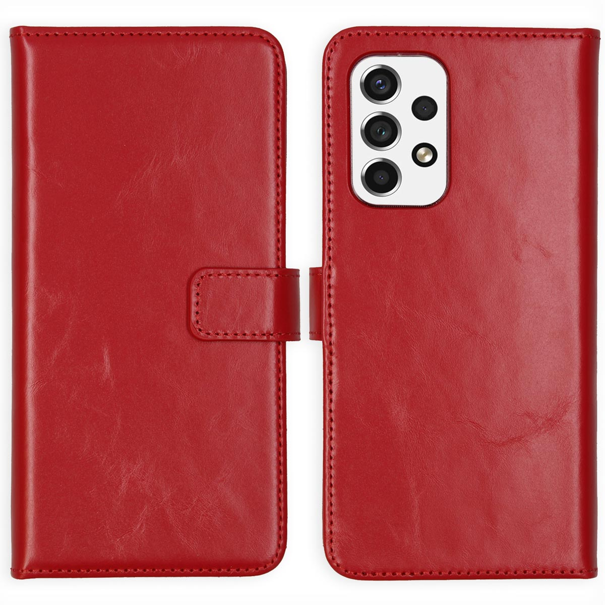 Custodia per telefono rossa con un telefono all'interno. La custodia ha un pulsante e il telefono una fotocamera.