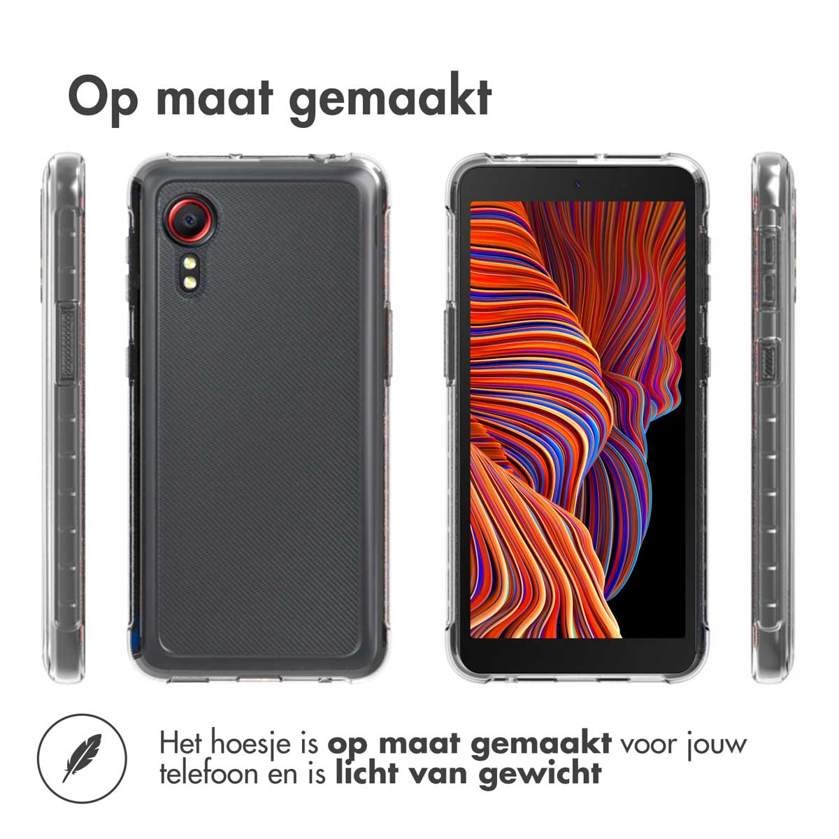 Telefoon in doorzichtige hoes, met zijaanzichten. Tekst: 'Op maat gemaakt' en 'Het hoesje is op maat gemaakt voor jouw telefoon en is licht van gewicht'.