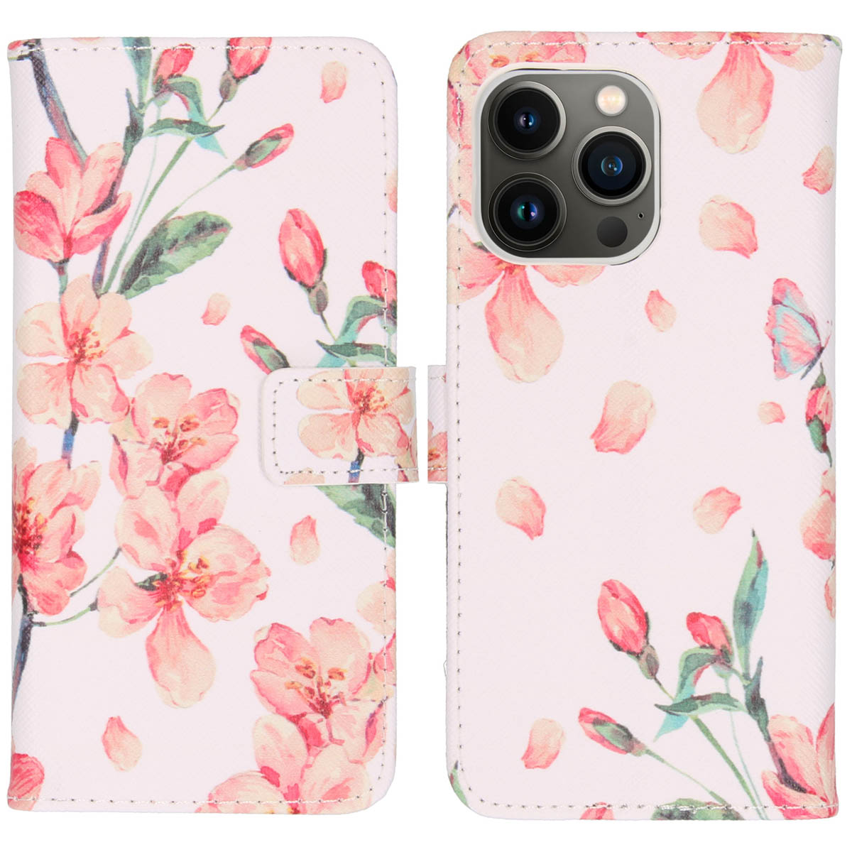 Étui de téléphone floral, ouvert. Fleurs et pétales roses. Fond blanc, fermeture magnétique.