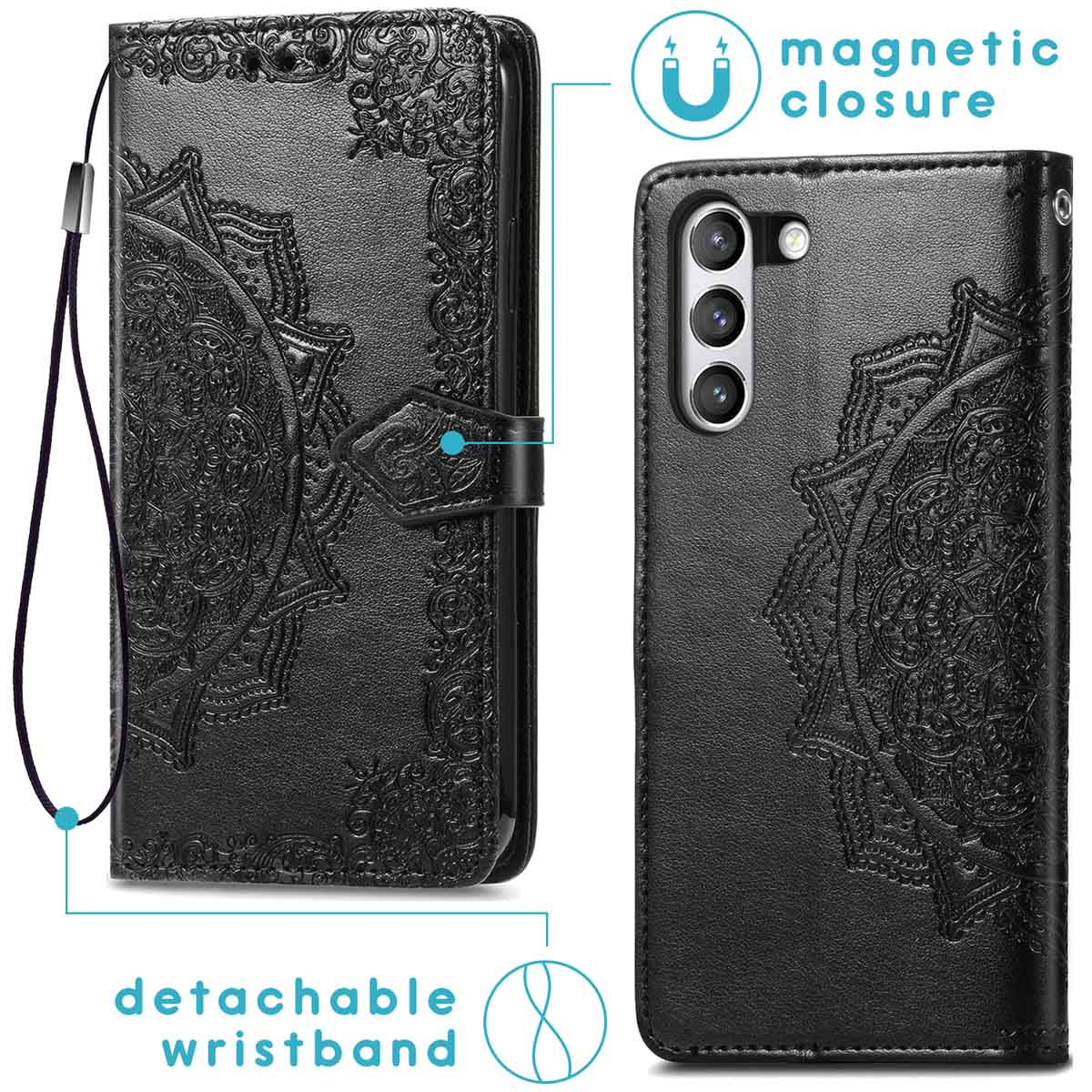 Zwarte telefoonhoes open, met een telefoon erin. De hoes heeft een decoratief ontwerp en een polsbandje.