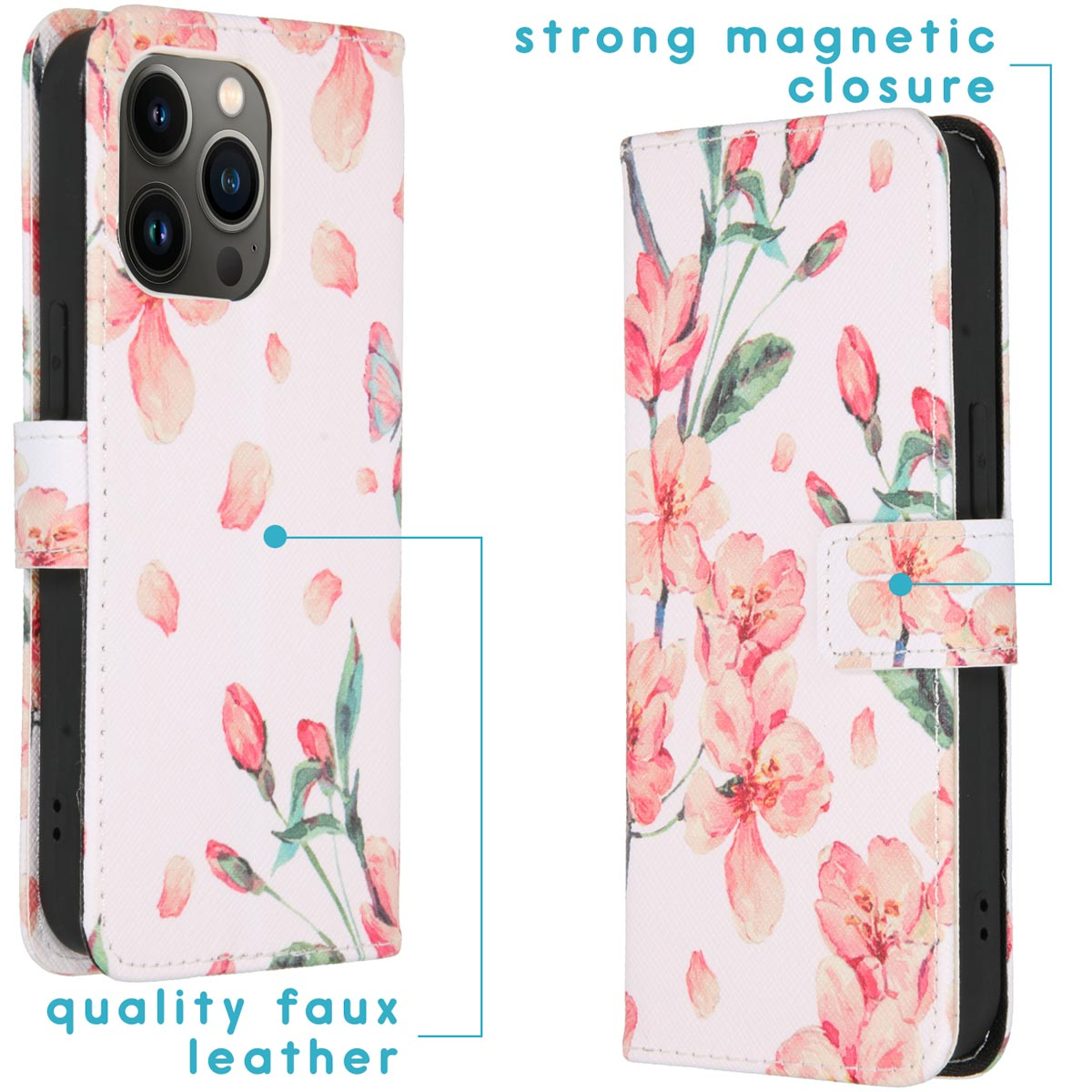 Coque: blanche, imprimé floral, fermeture magnétique forte, similicuir de qualité.