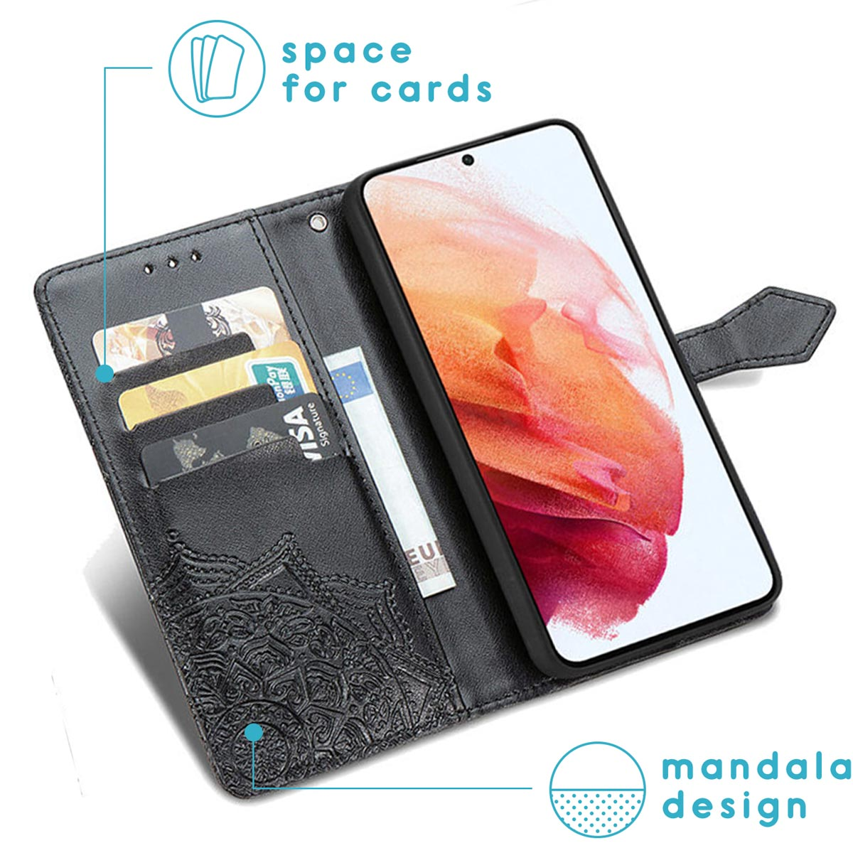 Open telefoonhoesje met kaarten en geld. De telefoon zit in de hoes met een mandala-ontwerp.
