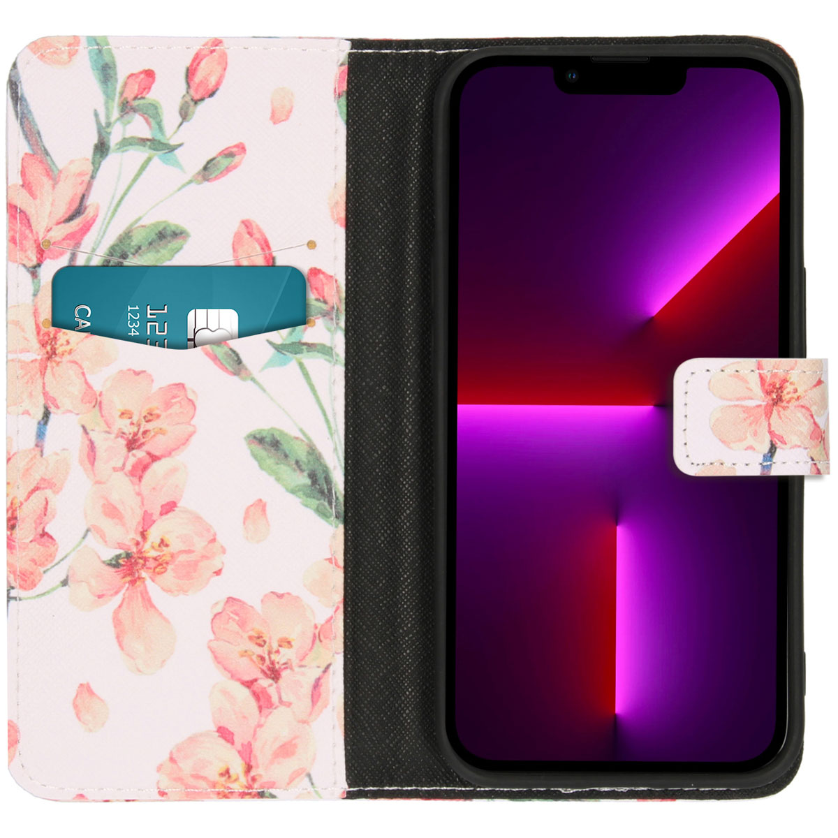 Étui de téléphone ouvert avec un motif floral tenant un téléphone. Une carte dans la fente.