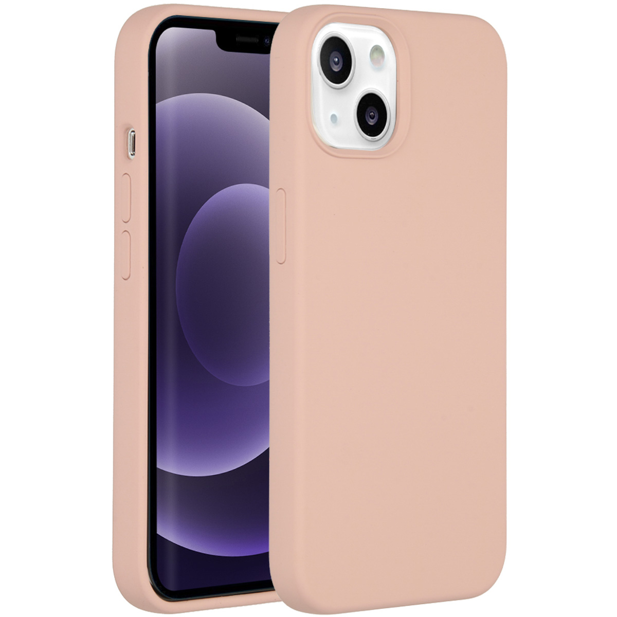 Roze telefoonhoesje op witte achtergrond. Telefoon is geplaatst.