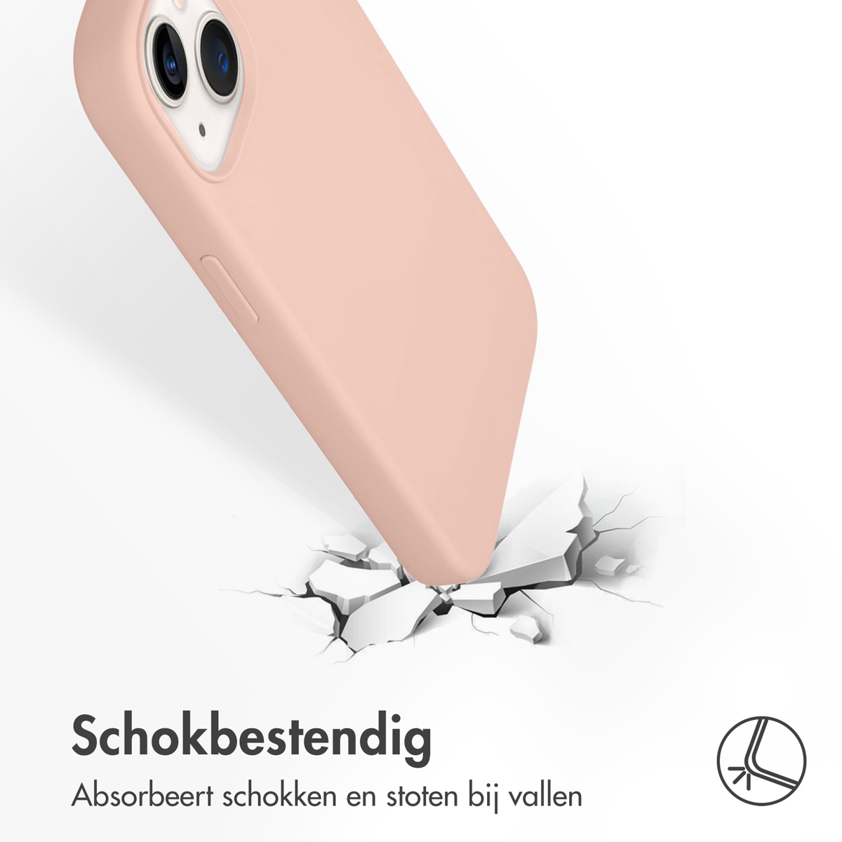 Roze telefoonhoes met een telefoon die op een oppervlak valt en het breekt. Tekst: Schokbestendig, absorbeert schokken.