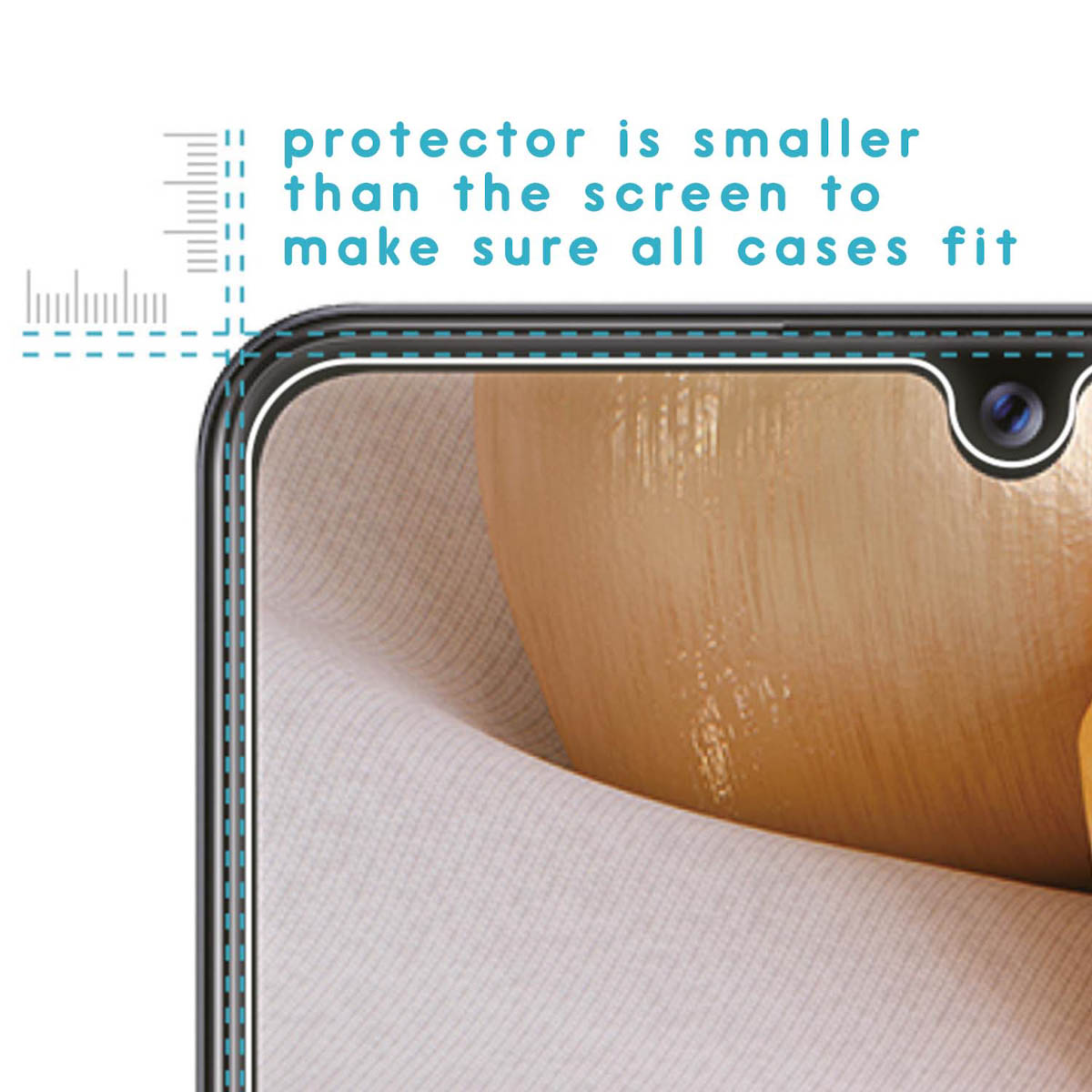 Phone screen protector on phone. Protector is smaller than screen.