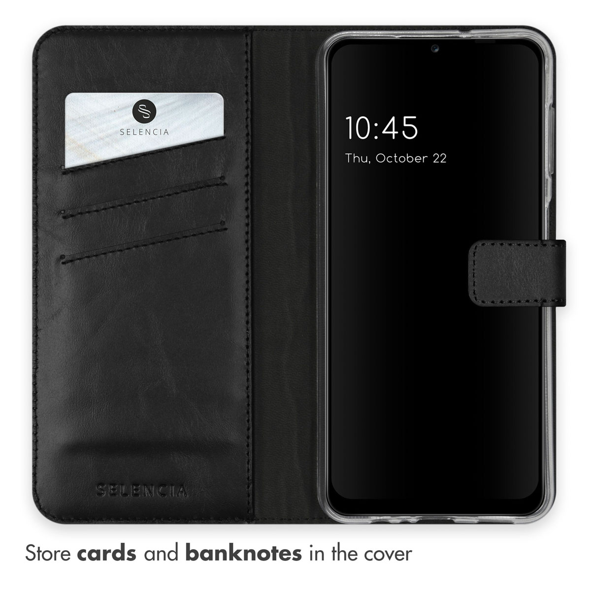 Zwarte telefoonhoes, open, met een kaart en telefoon zichtbaar. Tekst zegt 'bewaar kaarten en bankbiljetten'.