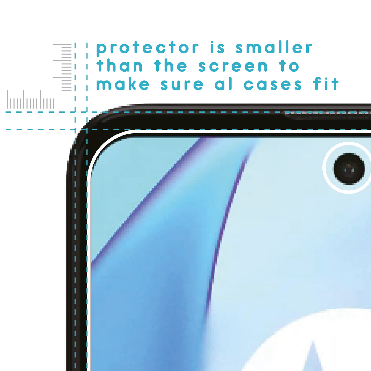 Close-up of phone screen protector. Protector is smaller than the screen. White background with measurements.