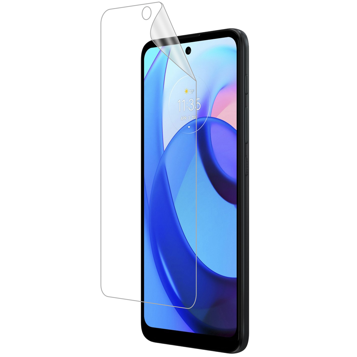 A phone with a screen protector being applied. The screen is visible.
