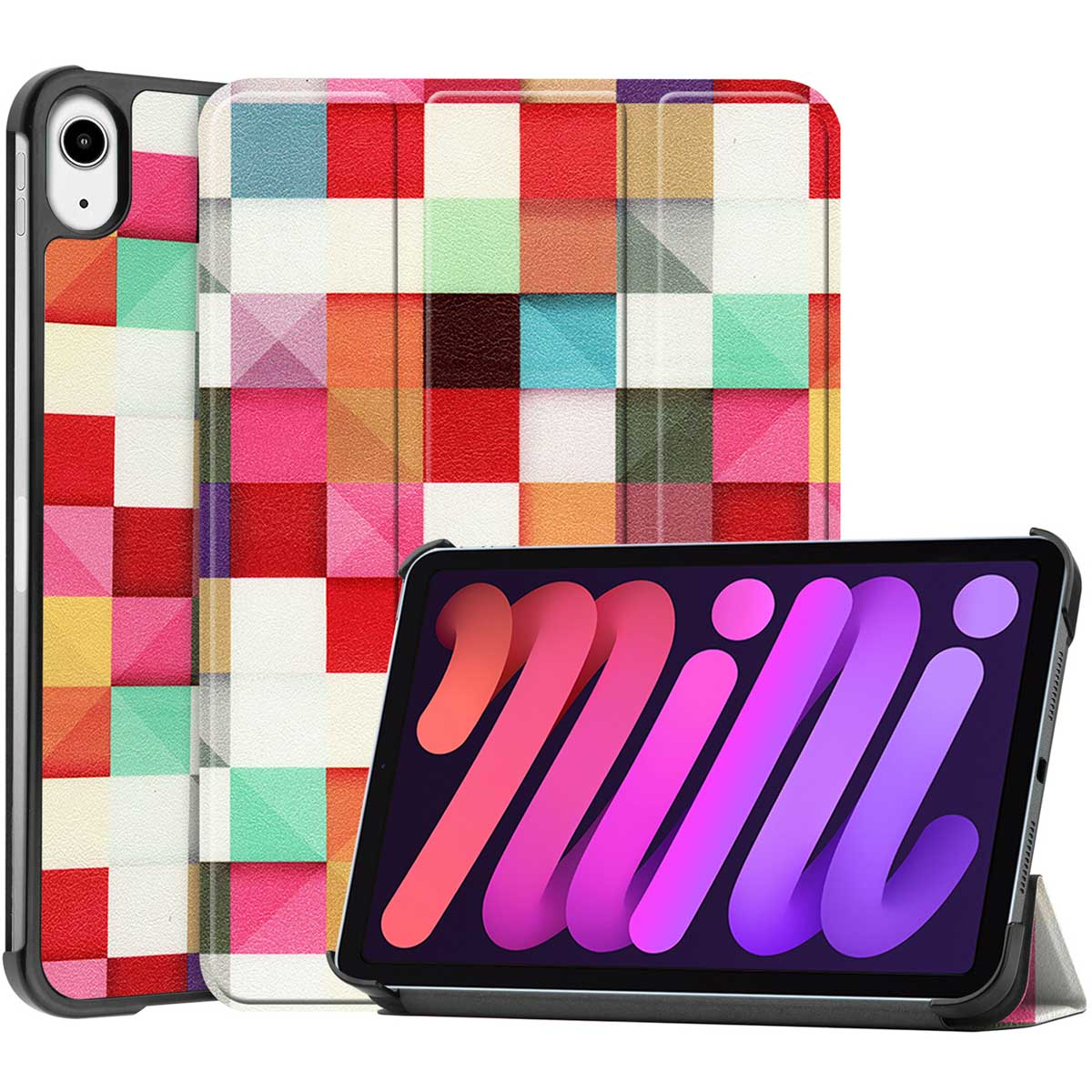 Tablet in a case with a colorful pattern. The tablet is upright, and the case is open.