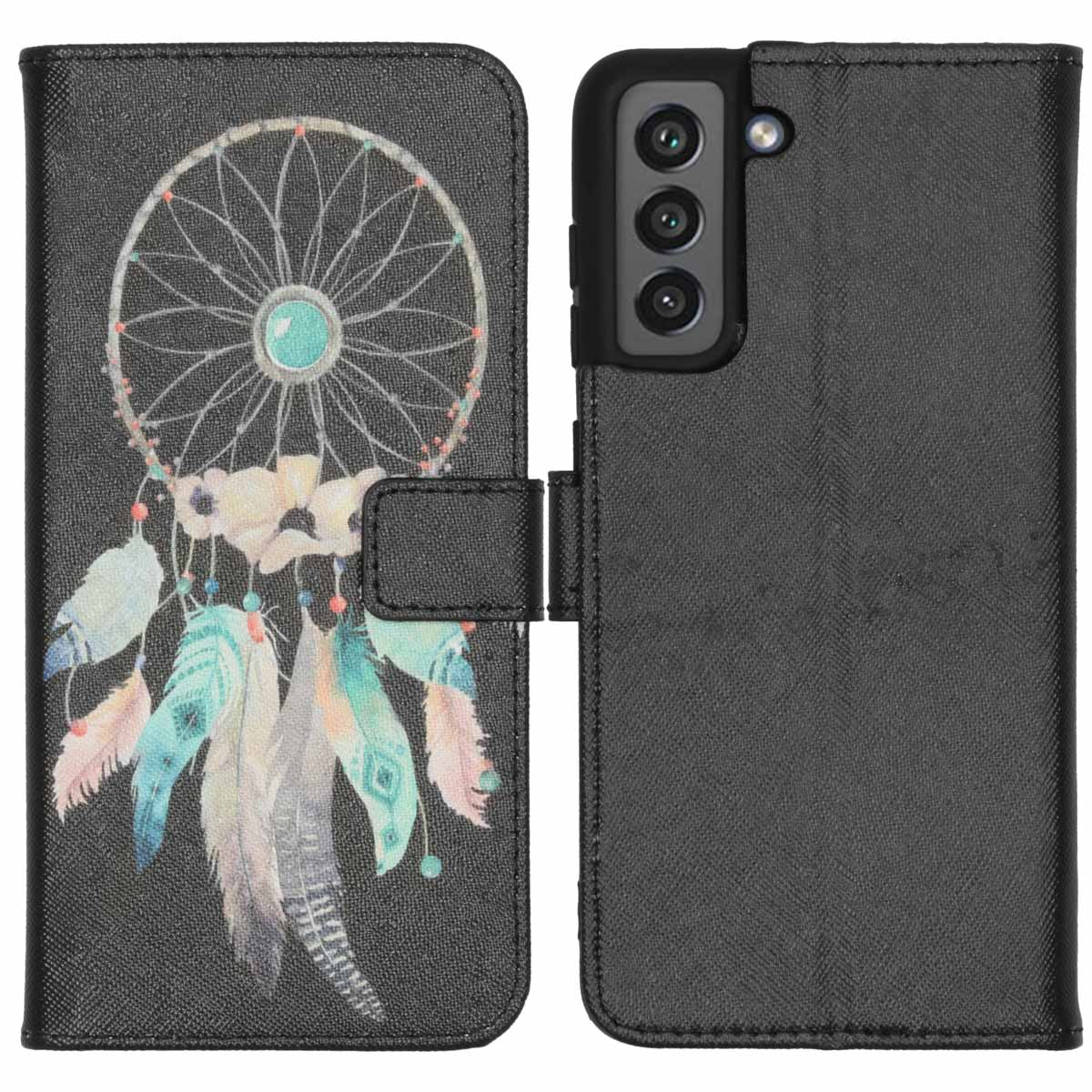 Coque de téléphone avec un motif attrape-rêves, ouverte. Le téléphone est sur le côté droit.