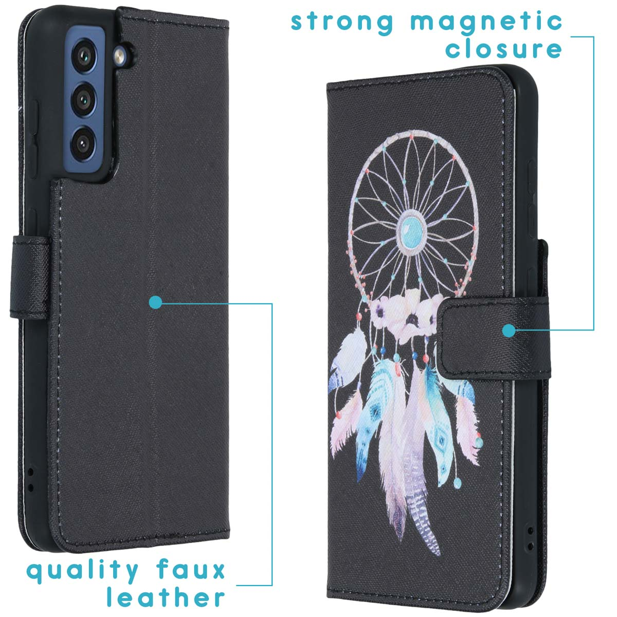 Étui de téléphone en similicuir noir ouvert, motif attrape-rêves, fermeture magnétique.