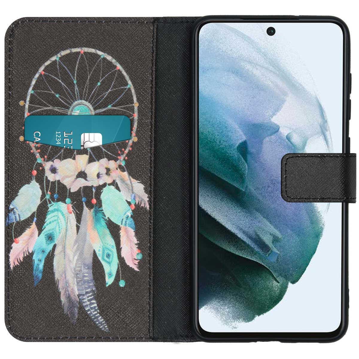 Coque de téléphone avec un motif attrape-rêves. Montre le téléphone à l'intérieur de la coque, une carte de crédit est visible.